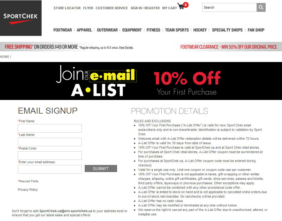 Sport Chek Join Email List and Save 10 Off Your First Purchase