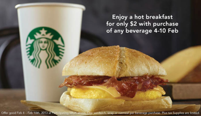 Starbucks Get any Breakfast Sandwich, Wrap or Oatmeal for only $2 with Purchase of any Drink (Feb 4-10)