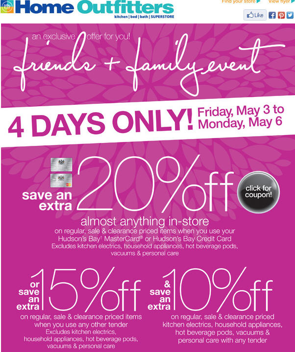 Home Outfitters Friends & Family Event - Save an Extra 15-20 Off Almost Anything In-Store (May3-6)