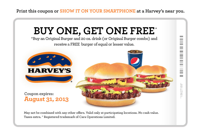 Harvey's Lots of Printable Coupons - BOGO, 2 Can Dine, Meal Deals (Until Aug 31)