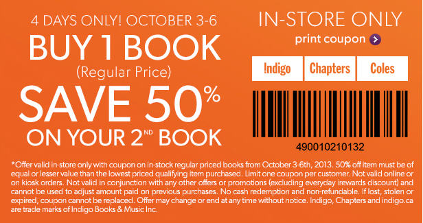 Chapters Indigo Buy 1 Book, Get 50 Off 2nd Book In-Store Coupon (Oct 3-6)