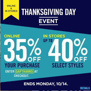 GAP Thanksgiving Day Event - 35 Off your Online Purchase (Oct 13-14)