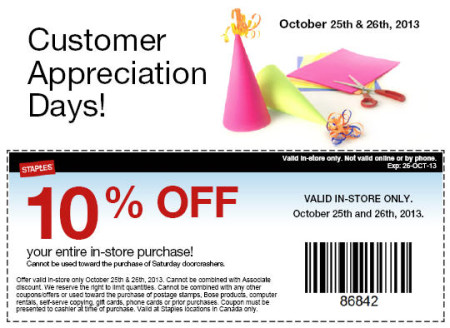 Staples Customer Appreciation Days - 10 Off Your Entire In-Store Purchase Coupon (Oct 25-26)