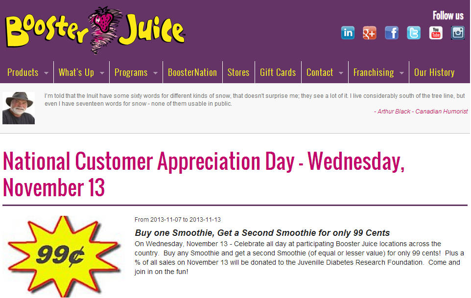Booster Juice Customer Appreciation Day - Buy One Smoothie, Get a Second Smoothie for only 99 Cents (Nov 13)