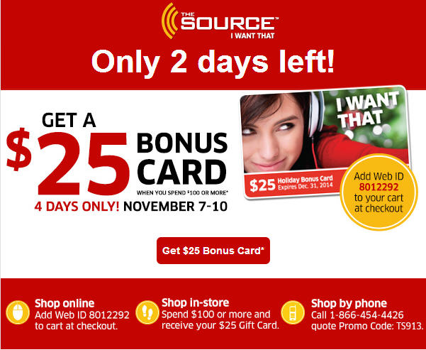 The Source FREE $25 Bonus Gift Card when you Spend $100 or more (Nov 7-10)