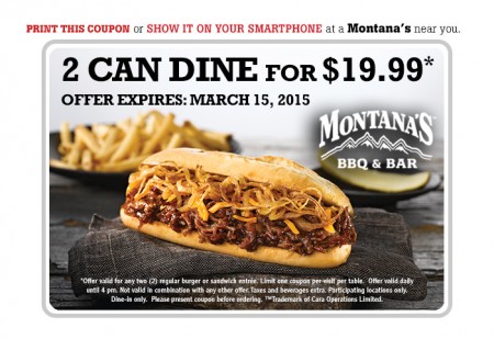 Montana's Cookhouse 2 Can Dine for $19.99 Coupon (Until Mar 15)