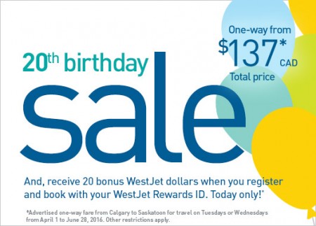WestJet 20th Birthday Sale (Book by Mar 7)